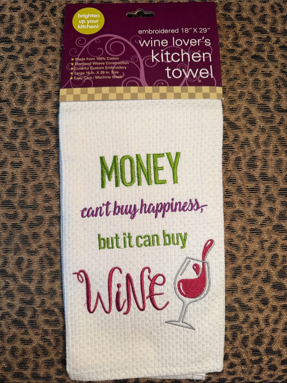 Wine Lover's Kitchen Towel - White with Green, Purple & Pink Embroidery